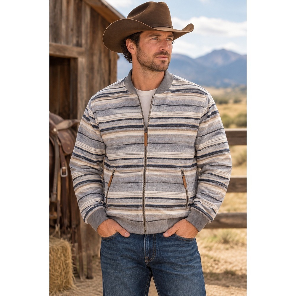 Hooey Mens L Gray Tan Stripe Bomber Jacket Western Rodeo Full Zip Ranch